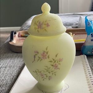 Fenton Yellow Custard Glass Pink Blossoms Lidded Jar with Pink Floral Decoration